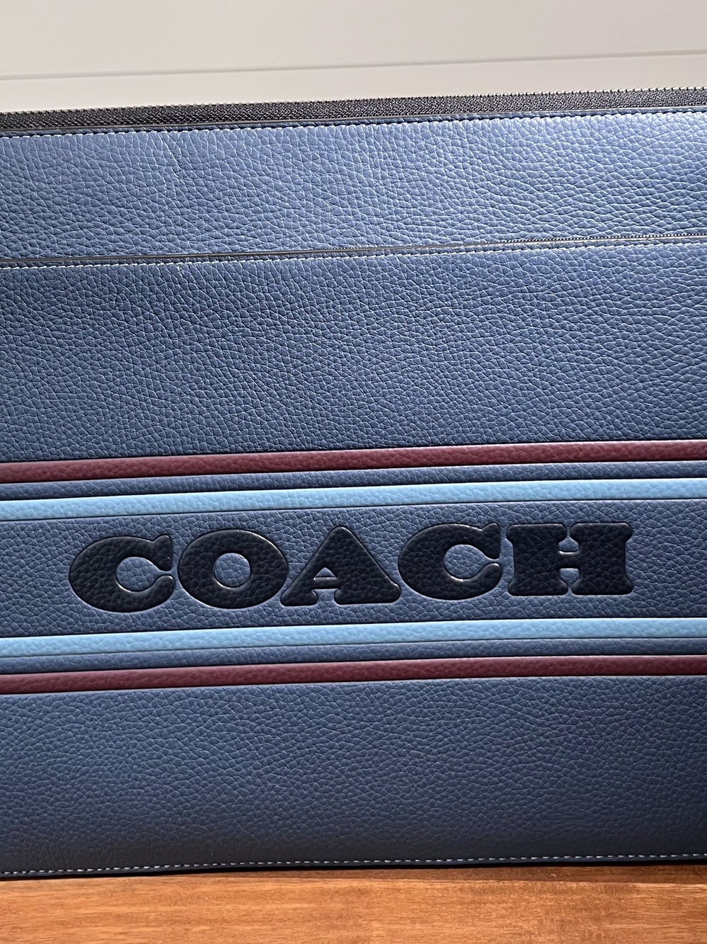 Coach Leather Laptop Sleeve Case Blue Stripe Zip Padded Portfolio 13” To 14”.